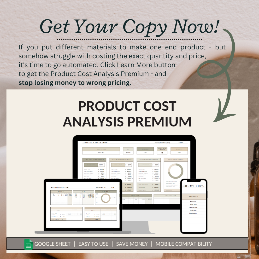 Product Cost Analysis Premium - for light production businesses (Google Sheet Template)