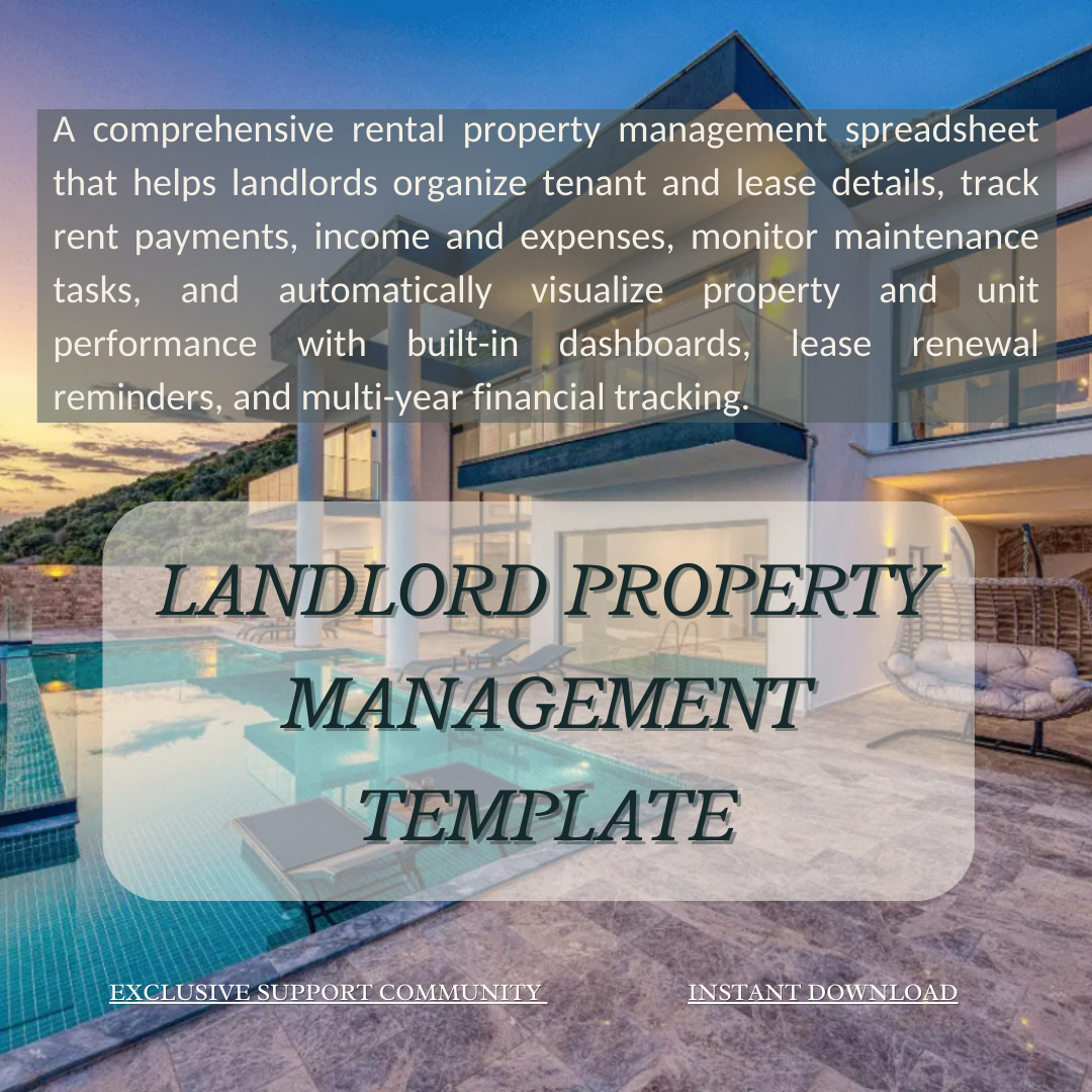 Landlord Property Management Template - multiple unit & property overview, tenant payment monitoring, financial performance