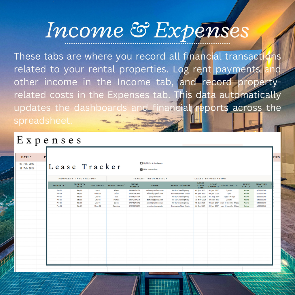 Landlord Property Management Template - multiple unit & property overview, tenant payment monitoring, financial performance